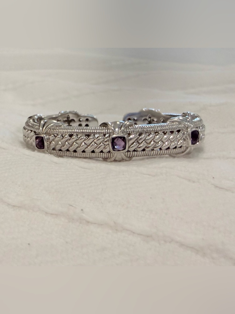 Judith Ripka Sterling Silver Amethyst Station Braided Hinged Cuff Bracelet